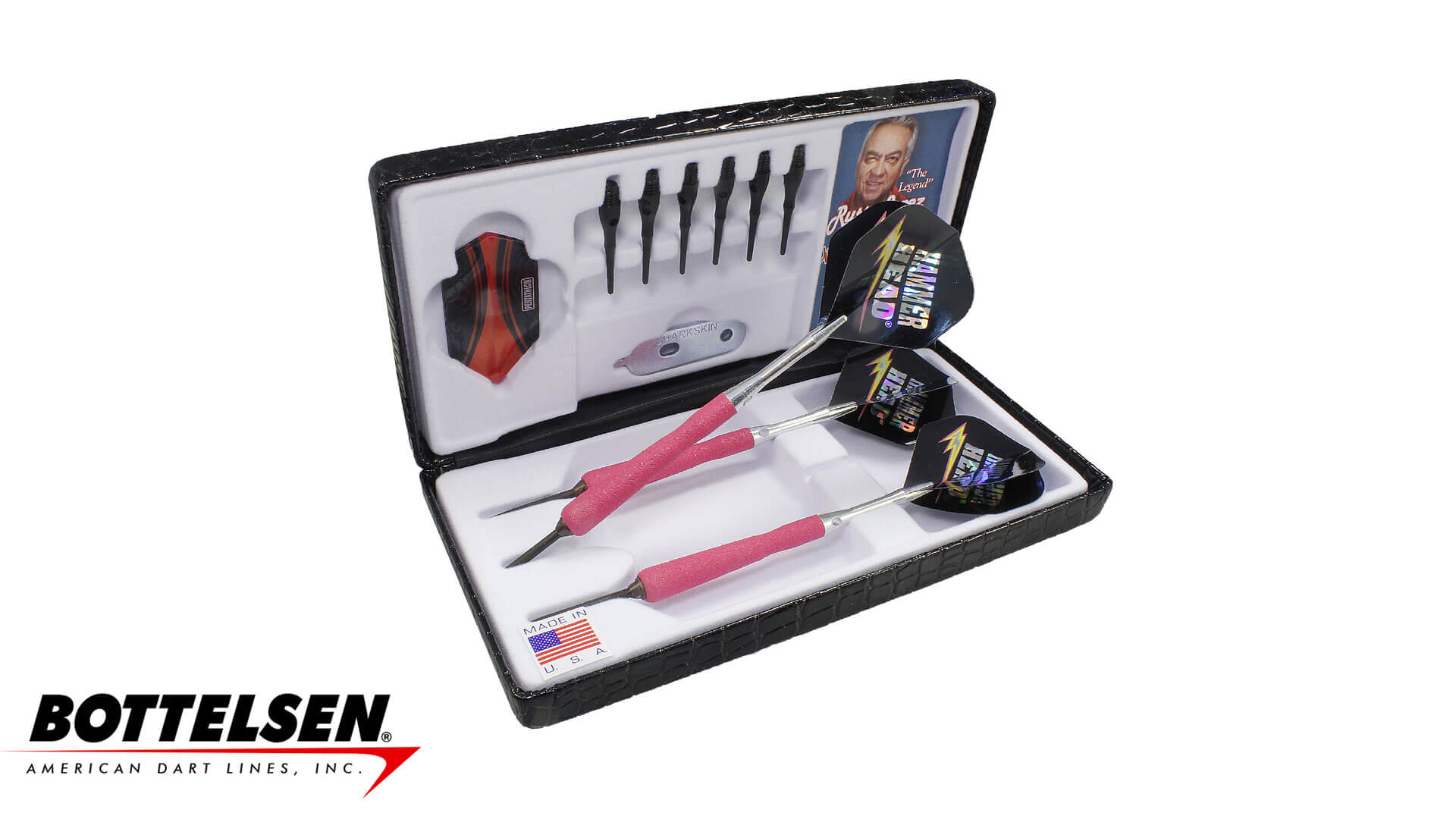Bottelsen-Hammer-Head-Russ-Lopez-Signature-Xtreme-Shark-Skins-Convertables-Steel-Tip-Pink-Dart-Case