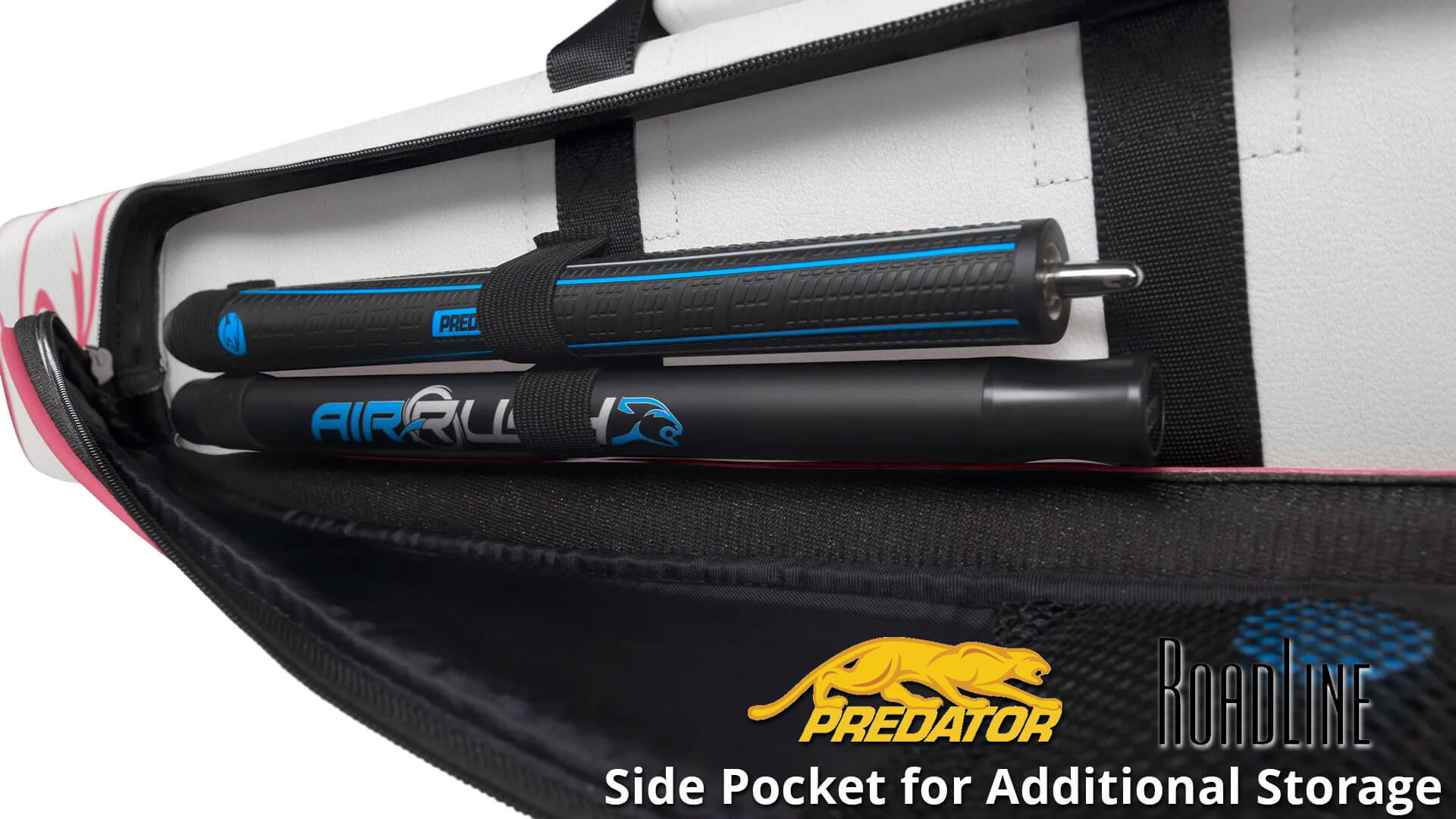 Predator-Roadline-White-&-Pink-Hard-2×4-Cue-Case-Side-Pocket Predator "Roadline" White & Pink 2x4 Hard Cue Case - Front Pocket