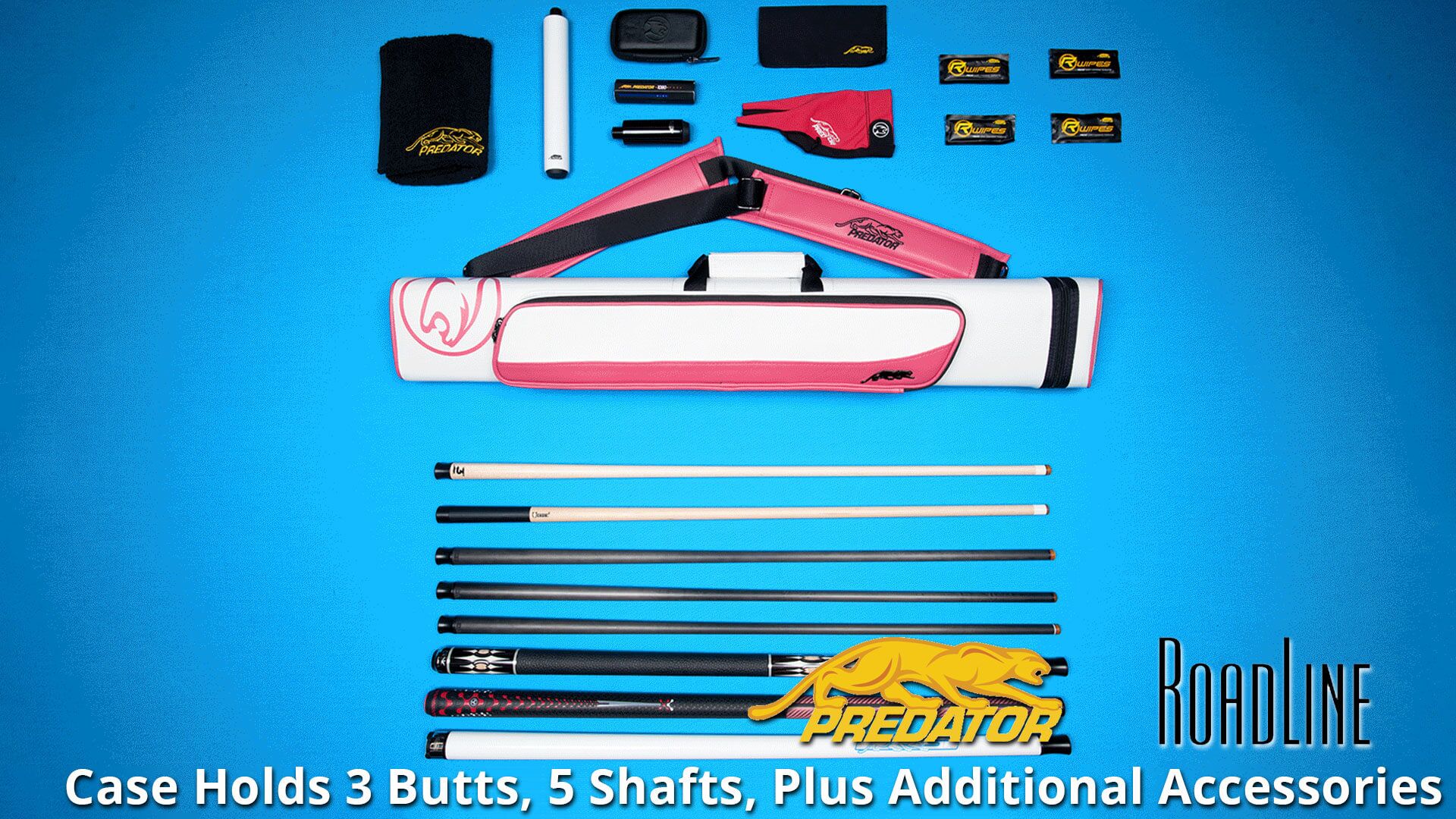 Predator-Roadline-White-&-Pink-Hard-3×5-Cue-Case-3-Butts-5-Shafts-Plus-Accessories Predator "Roadline" White & Pink 3x5 Hard Cue Case - Capacity