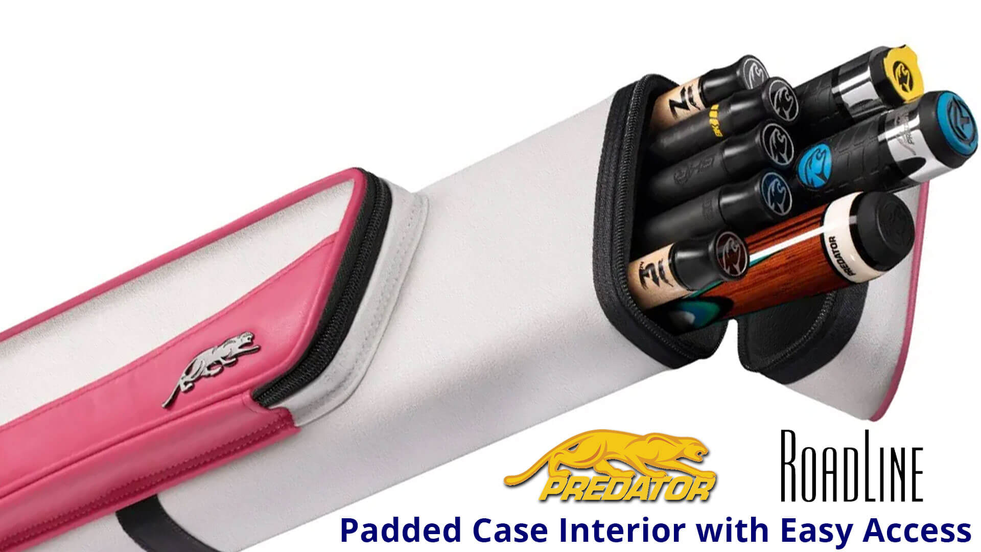 Predator-Roadline-White-&-Pink-Hard-3×5-Cue-Case-Padded-Interior Predator "Roadline" White & Pink 3x5 Hard Cue Case - Padded Interior