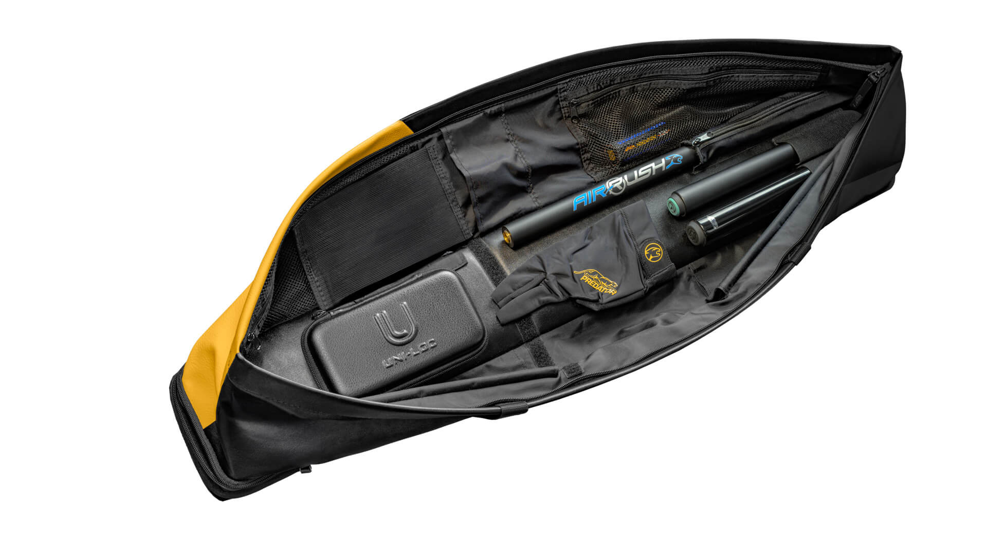 predator-urbain-black-yellow-2×4-pool-cue-case-open