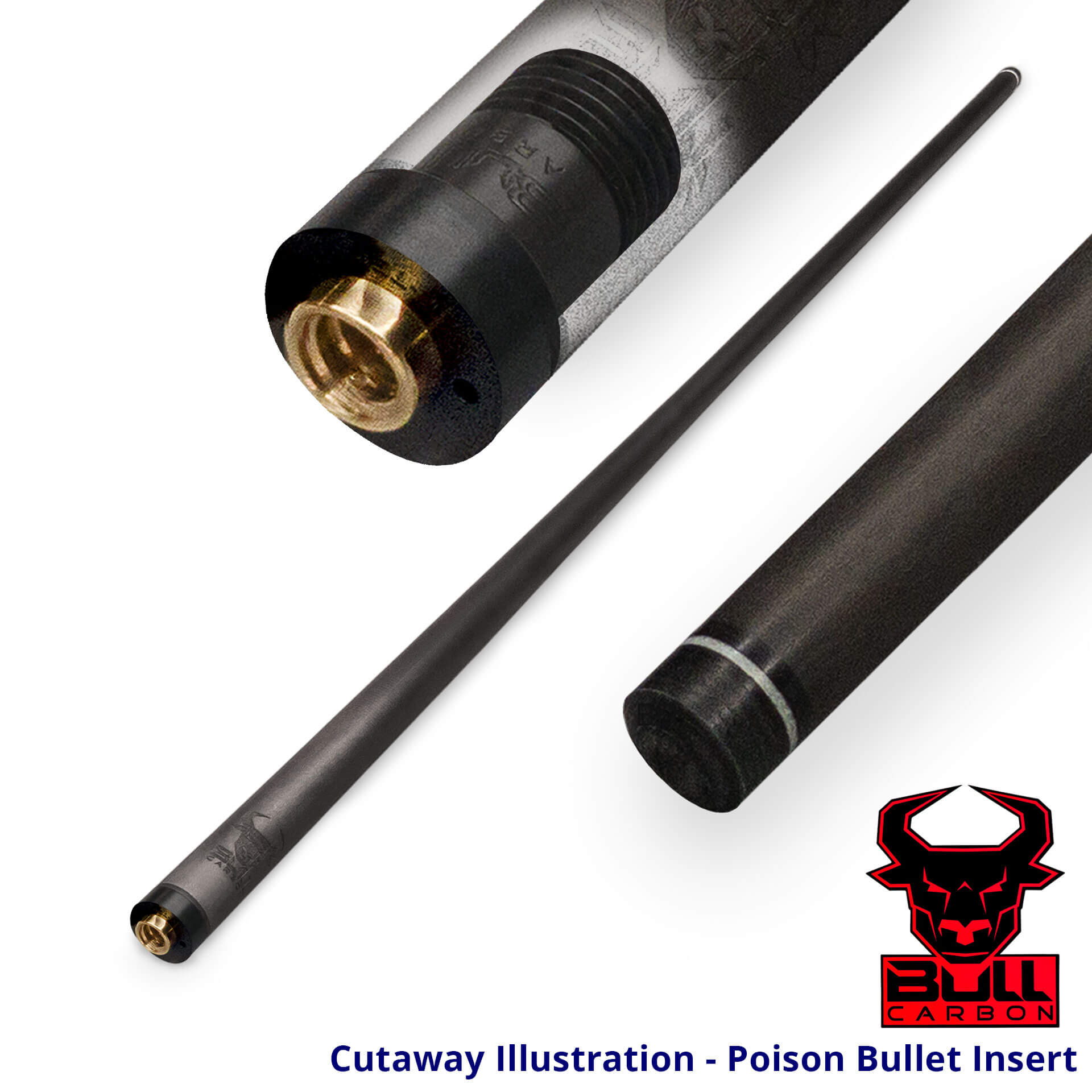 Pool-Cue-Bull-Carbon-Shaft-Poison-Bullet-Cutaway Bull Carbon Fiber Shaft - Kamui Tip + Poison Bullet Joint Insert for Sale