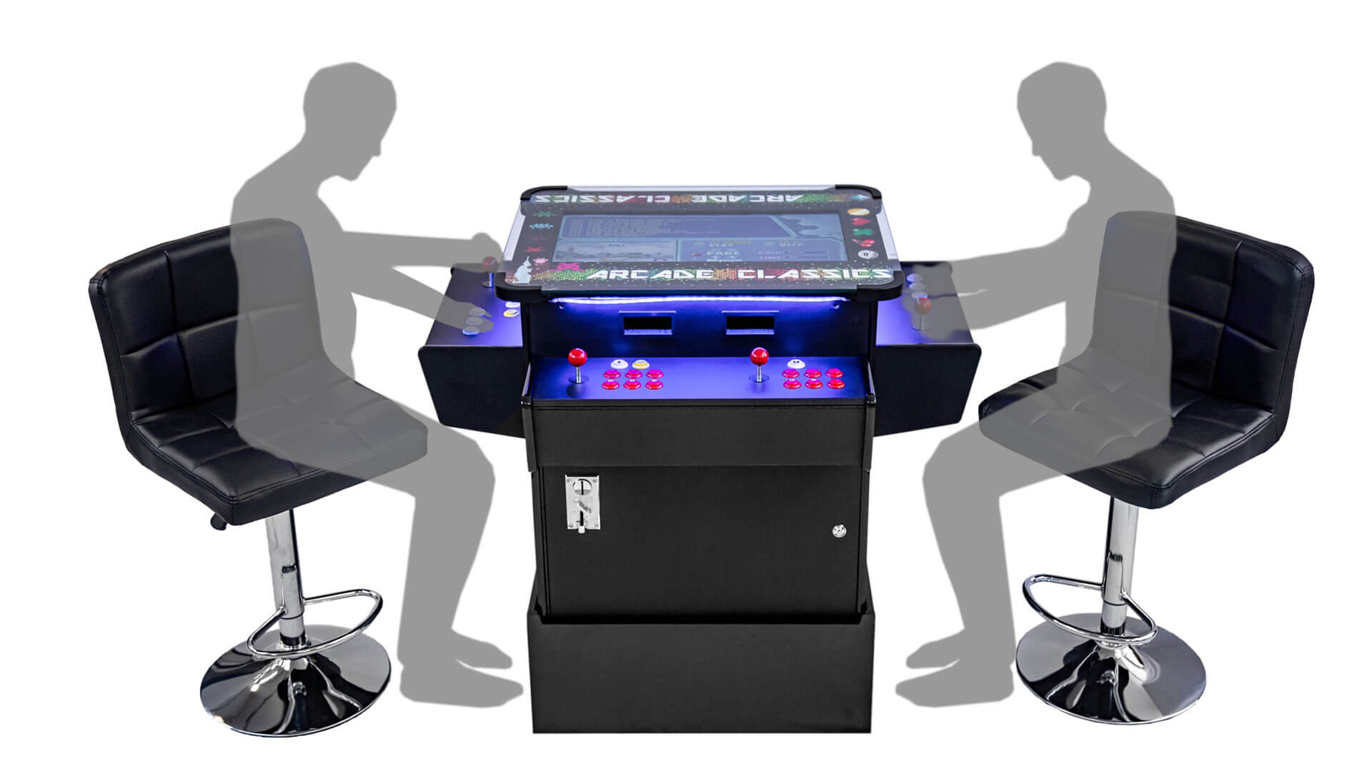 Arcade Cocktail Table 3-Sided with Riser + 2 Stools and Person Sit-ins Arcade Cocktail Table 3-Sided with Riser + 2 Stools and Person Sit-ins