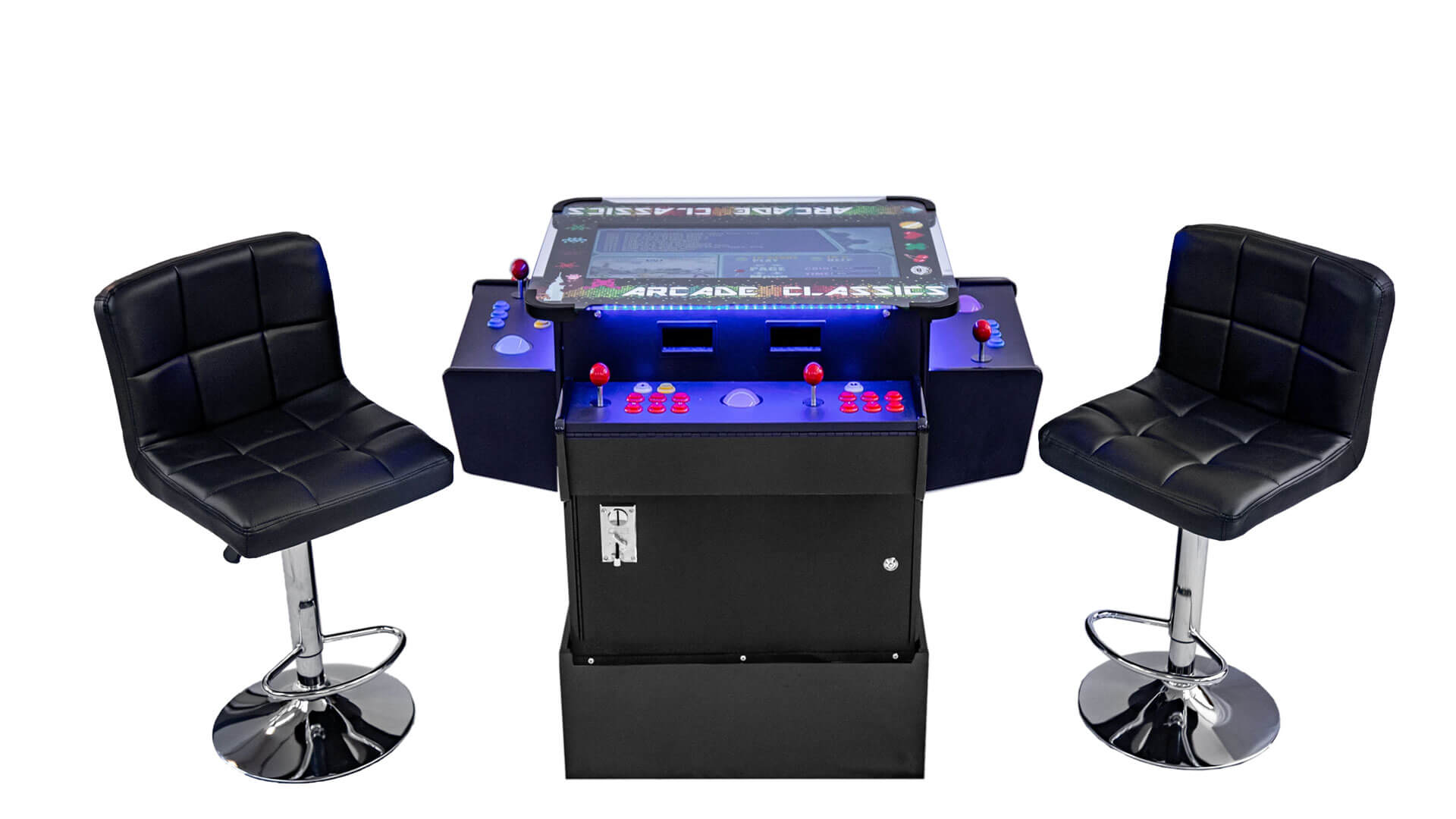 Arcade Cocktail Table 3-Sided Trackball with Riser + 2 Stools