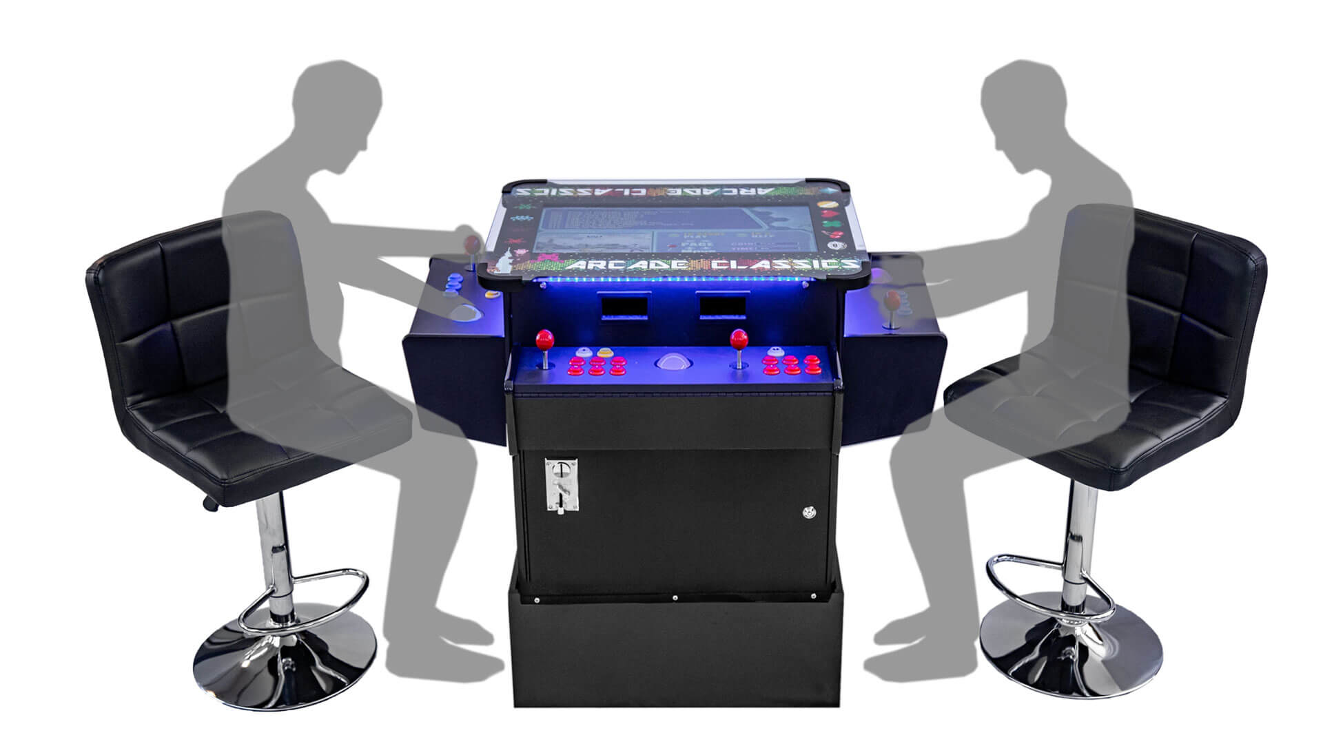 Arcade Cocktail Table 3-Sided Trackball with Riser + 2 Stools and Person Sit-ins Arcade Cocktail Table 3-Sided Trackball with Riser + 2 Stools and Person Sit-ins