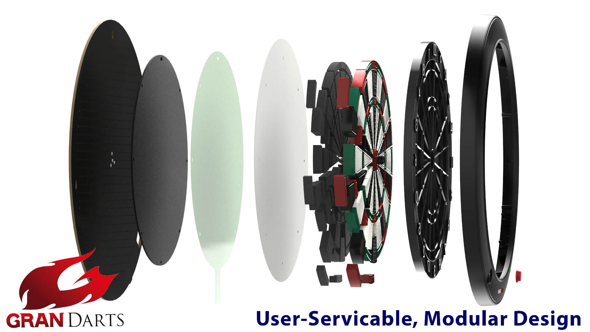 Gran-Board-3-S—Green—Soft-Tip-Dart-Board-with-LED-Exploded-View