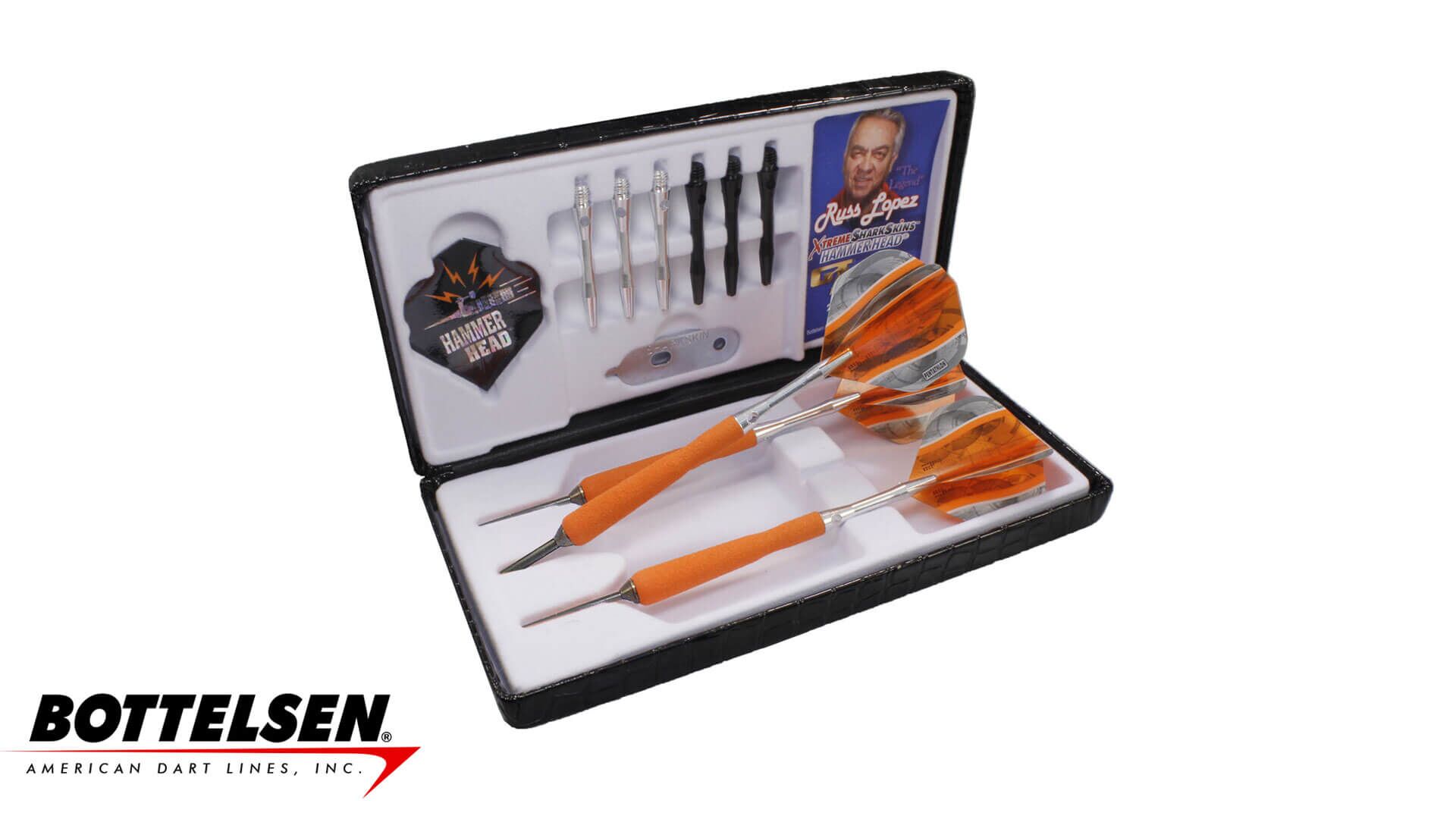 Bottelsen-Hammer-Head-Russ-Lopez-Signature-Xtreme-Shark-Skins-Steel-Tip-Orange-Dart-Case