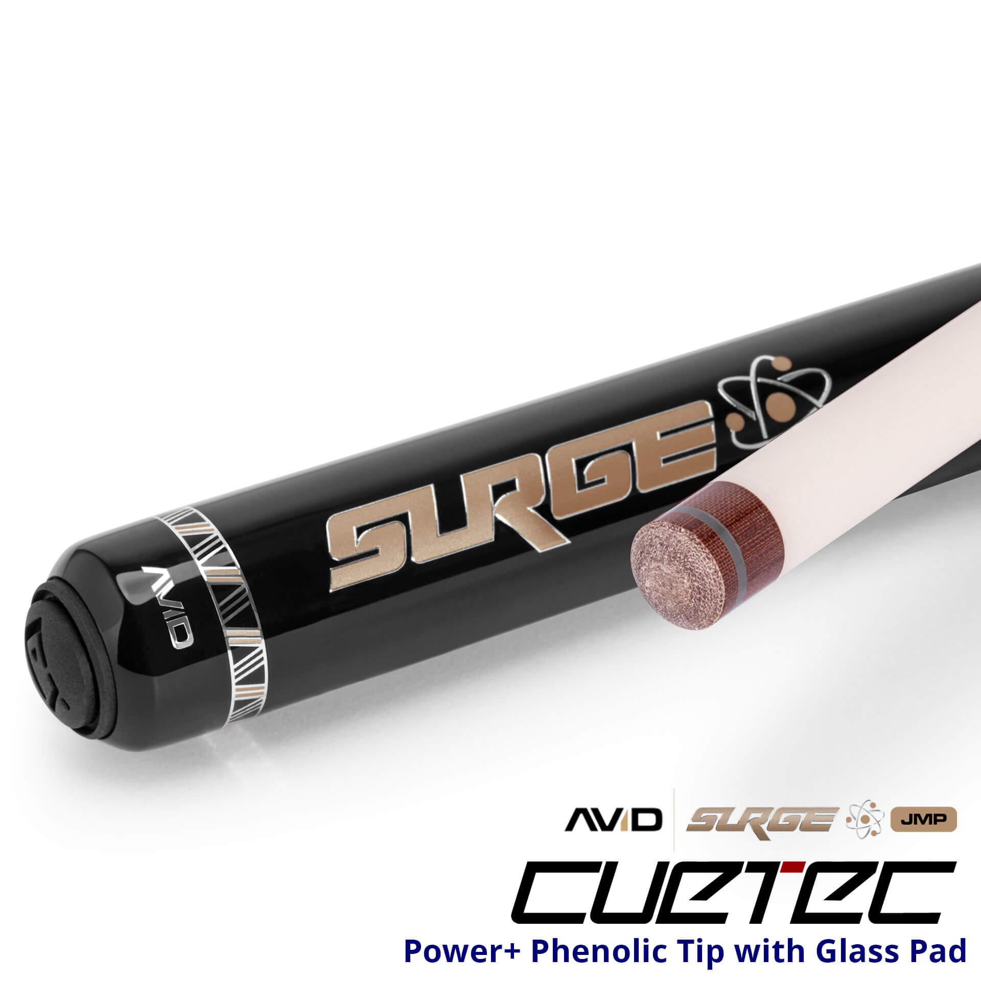 23-CT-AVID-SURGE-JMP-BLACKGOLD-95-333-TIP-LOGO Cuetec Cues AVID Surge Jump Pool Cue - Black Gold - Power+ Phenolic Tip