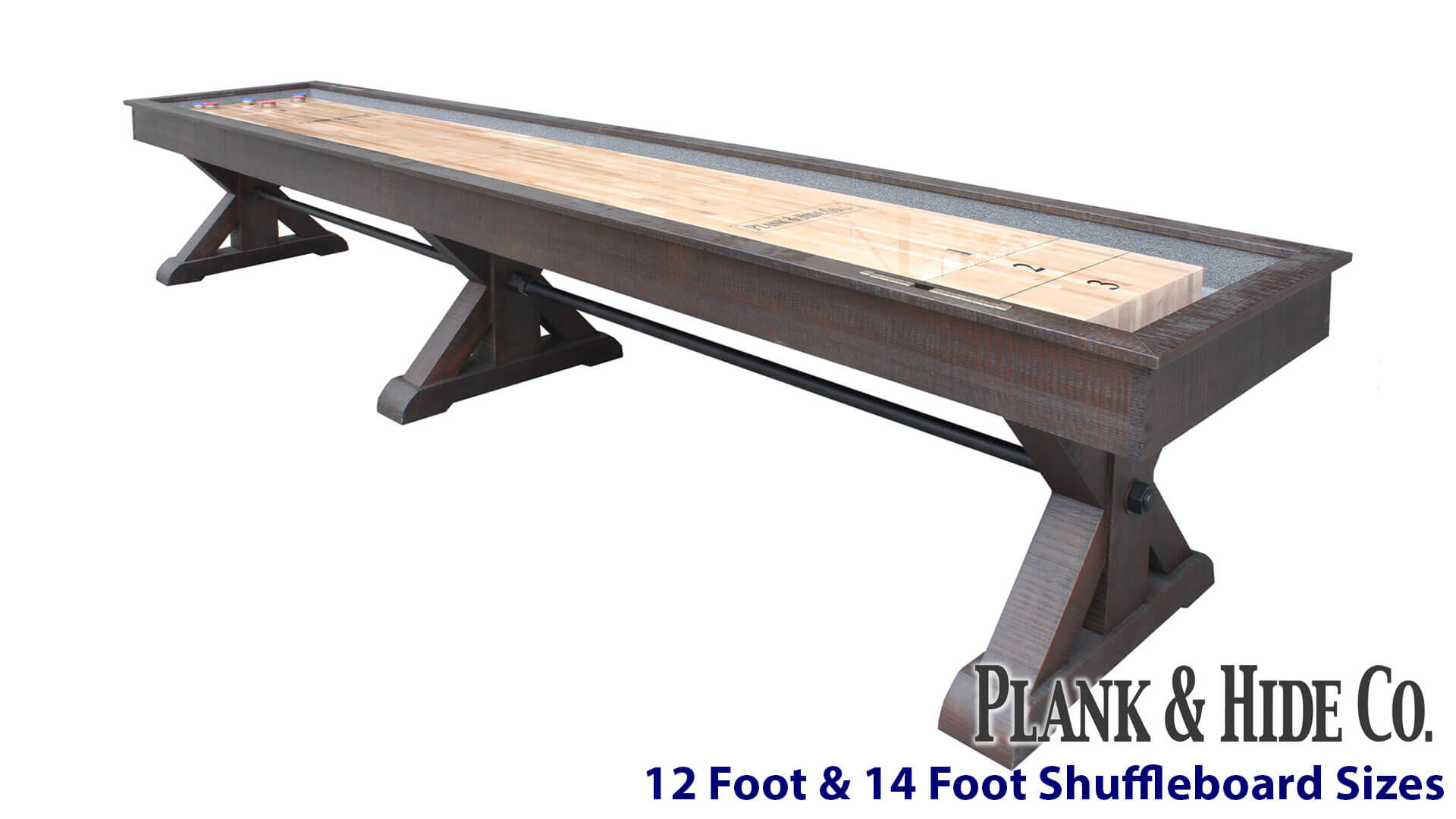 Plank and Hide - 12 Ft and 14 Ft Shuffleboard Table - "Otis" - Smokehouse - Image 1