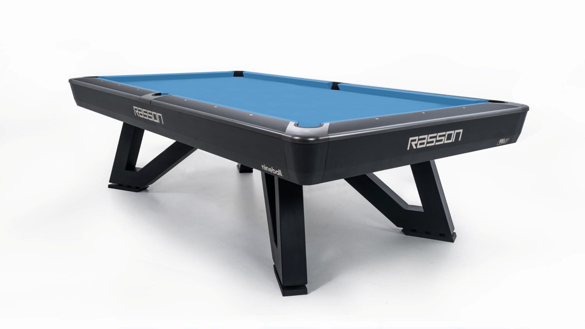 Rasson Wolf pool table in Black Fluorocarbon, angled view of the W-shaped steel legs