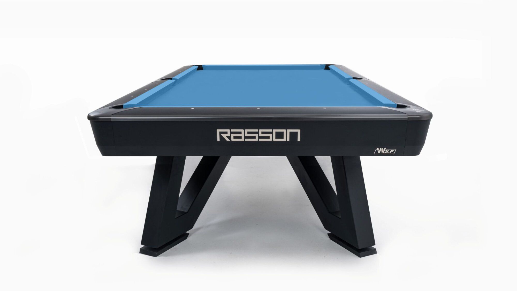 Rasson Wolf pool table in Black Fluorocarbon, end view