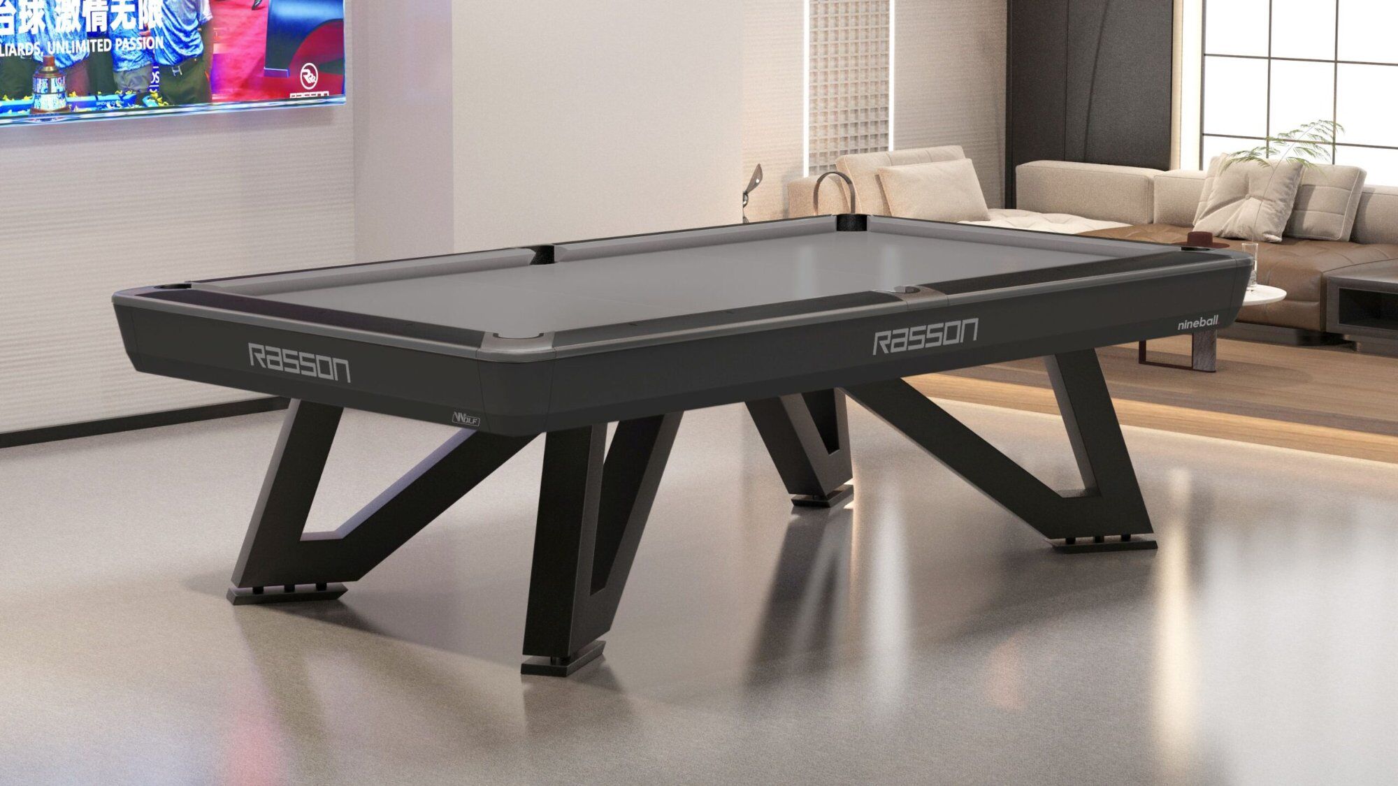 Rasson Wolf pool table in a modern game room