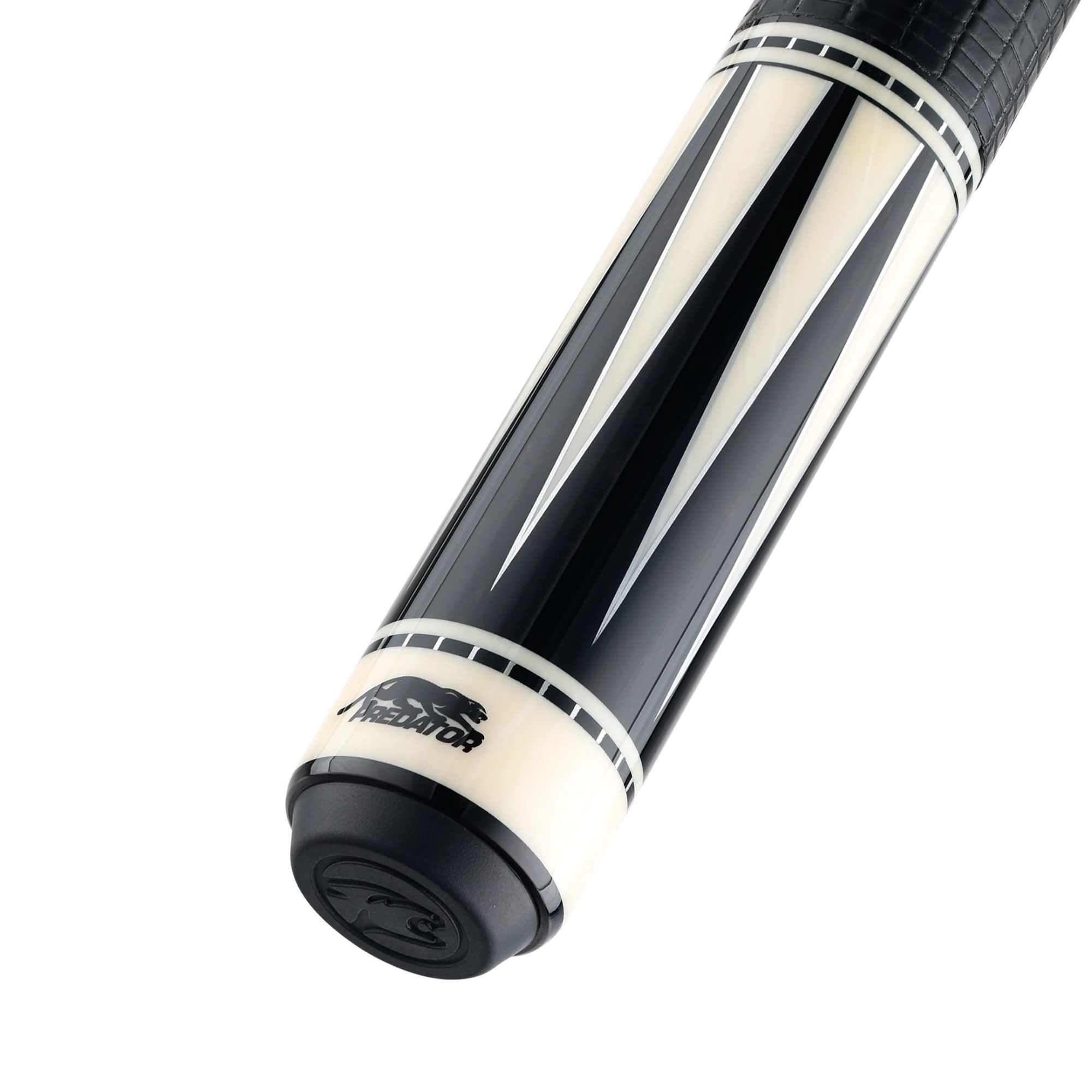Predator Artisan Ebony and Ivorine pool cue, butt sleeve at an angle