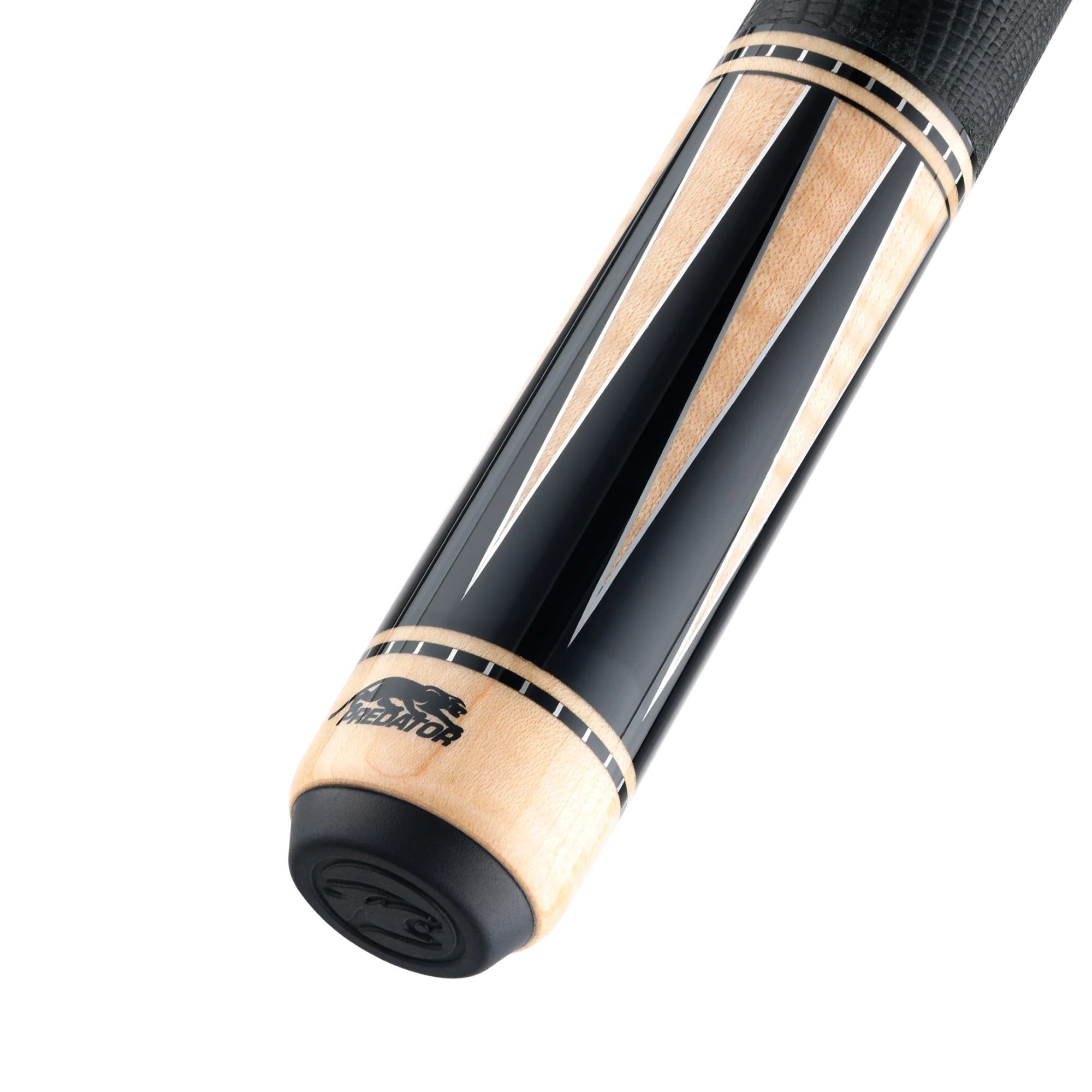 Predator Artisan Ebony and Maple pool cue, butt sleeve at an angle