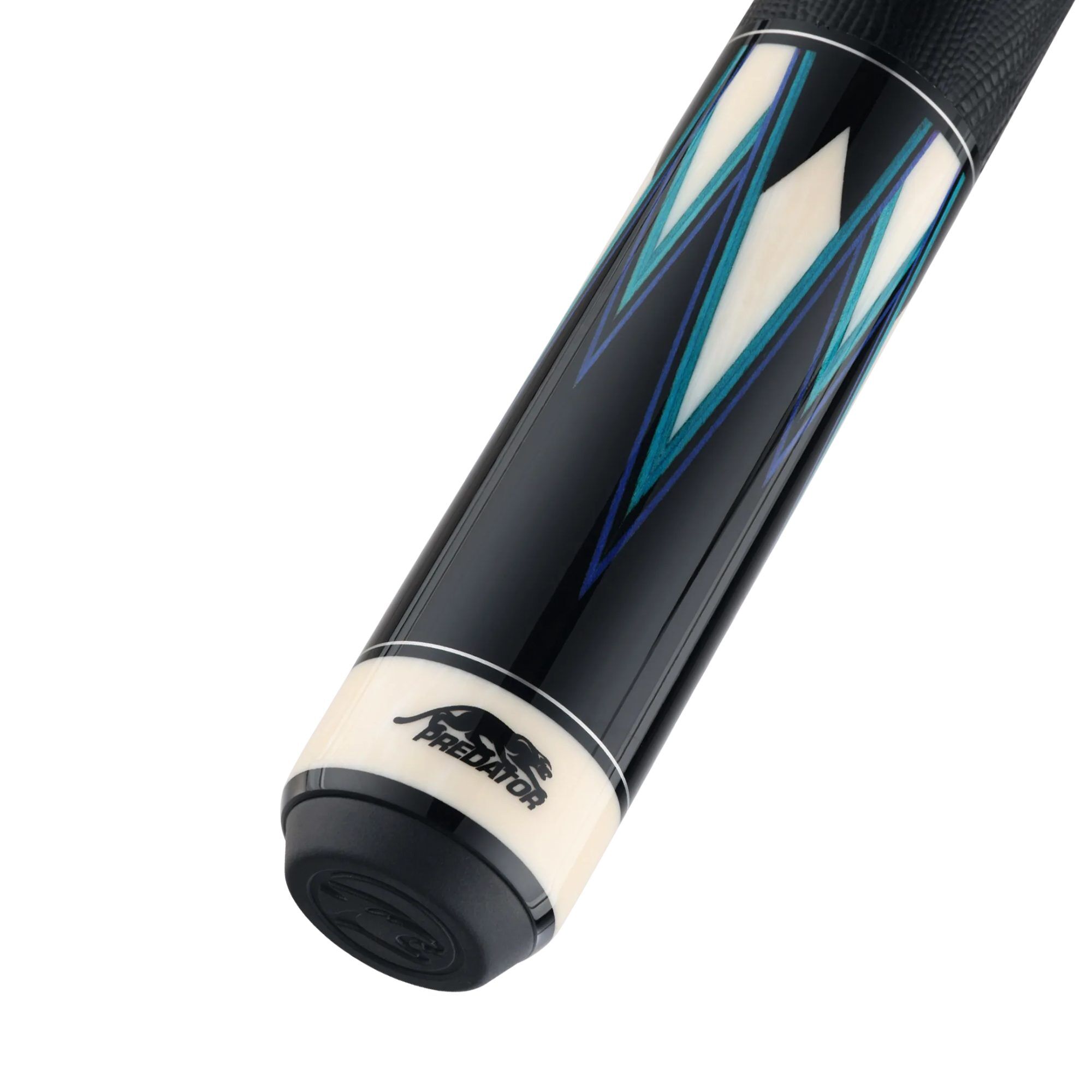 Predator True Splice 16 Ebony Blue Teal pool cue, butt cap close-up