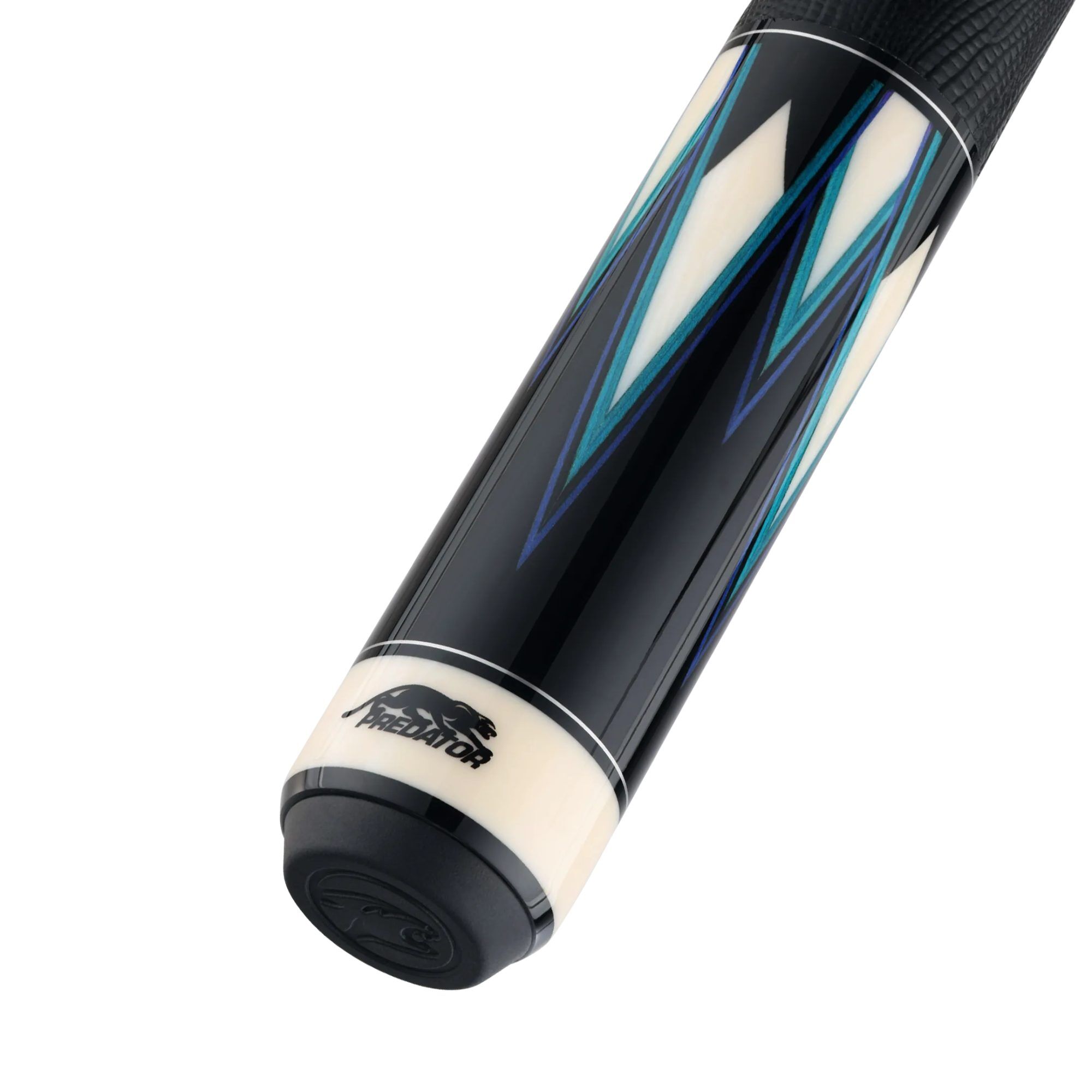 Predator True Splice 16 Ebony Blue Teal pool cue, butt sleeve at an angle