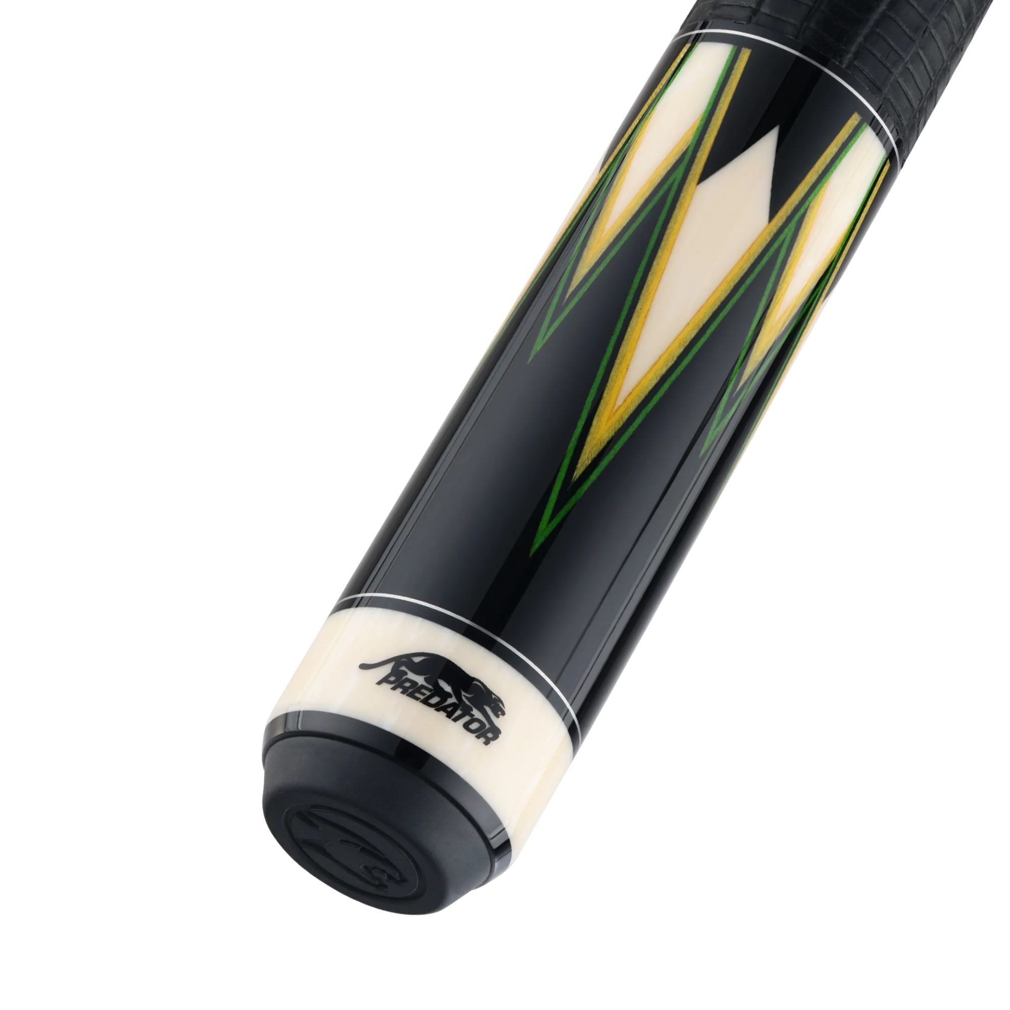 Predator True Splice 16 Ebony Green Yellow pool cue, butt cap close-up