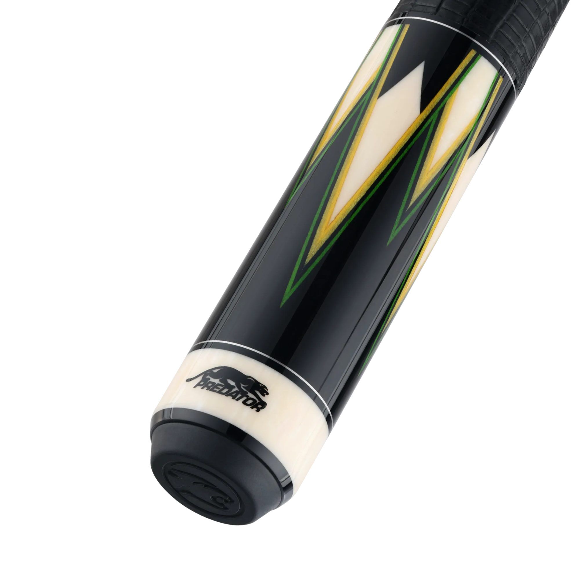Predator True Splice 16 Ebony Green Yellow pool cue, butt sleeve at an angle