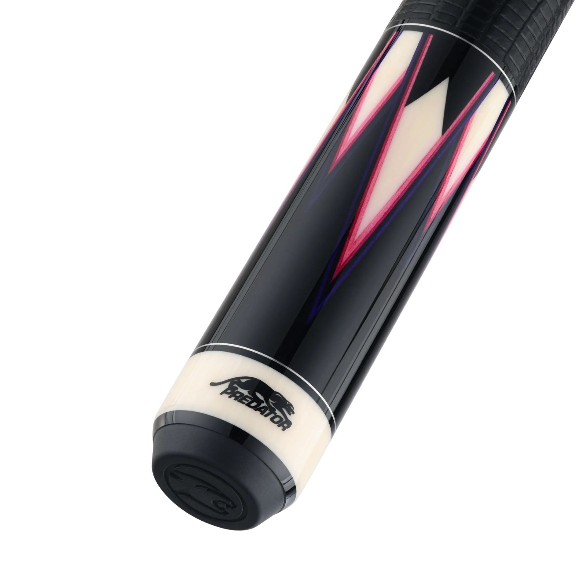 Predator True Splice 16 Ebony Purple Pink pool cue, butt cap close-up