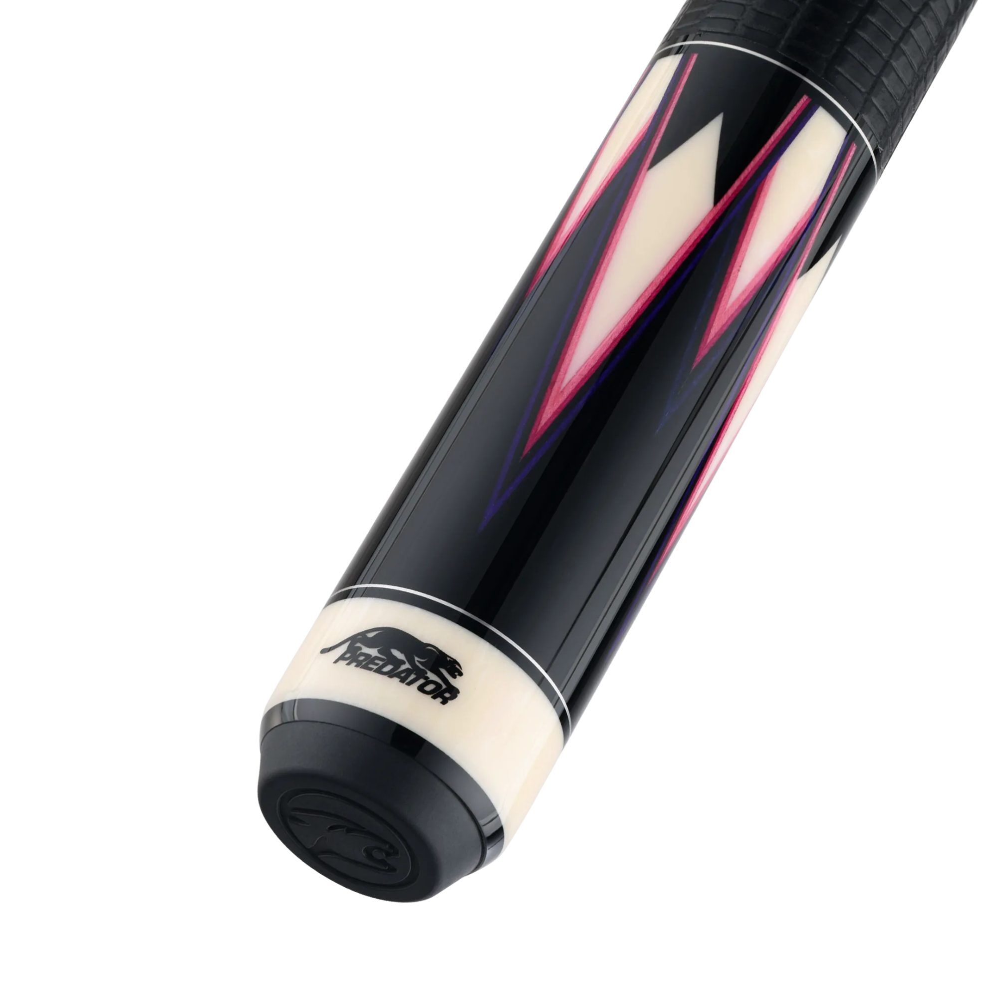 Predator True Splice 16 Ebony Purple Pink pool cue, butt sleeve at an angle