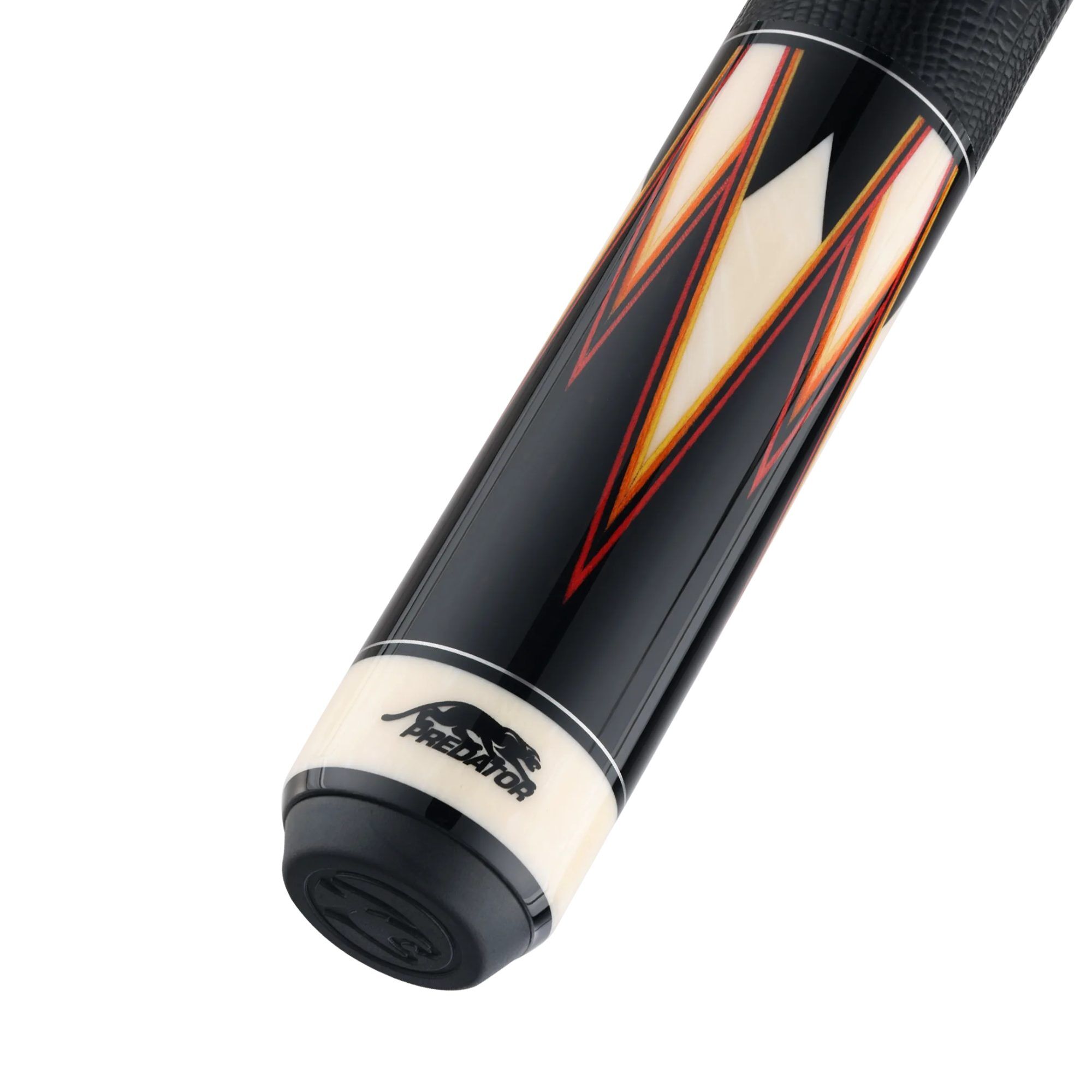Predator True Splice 16 Ebony Red Orange pool cue, butt cap close-up
