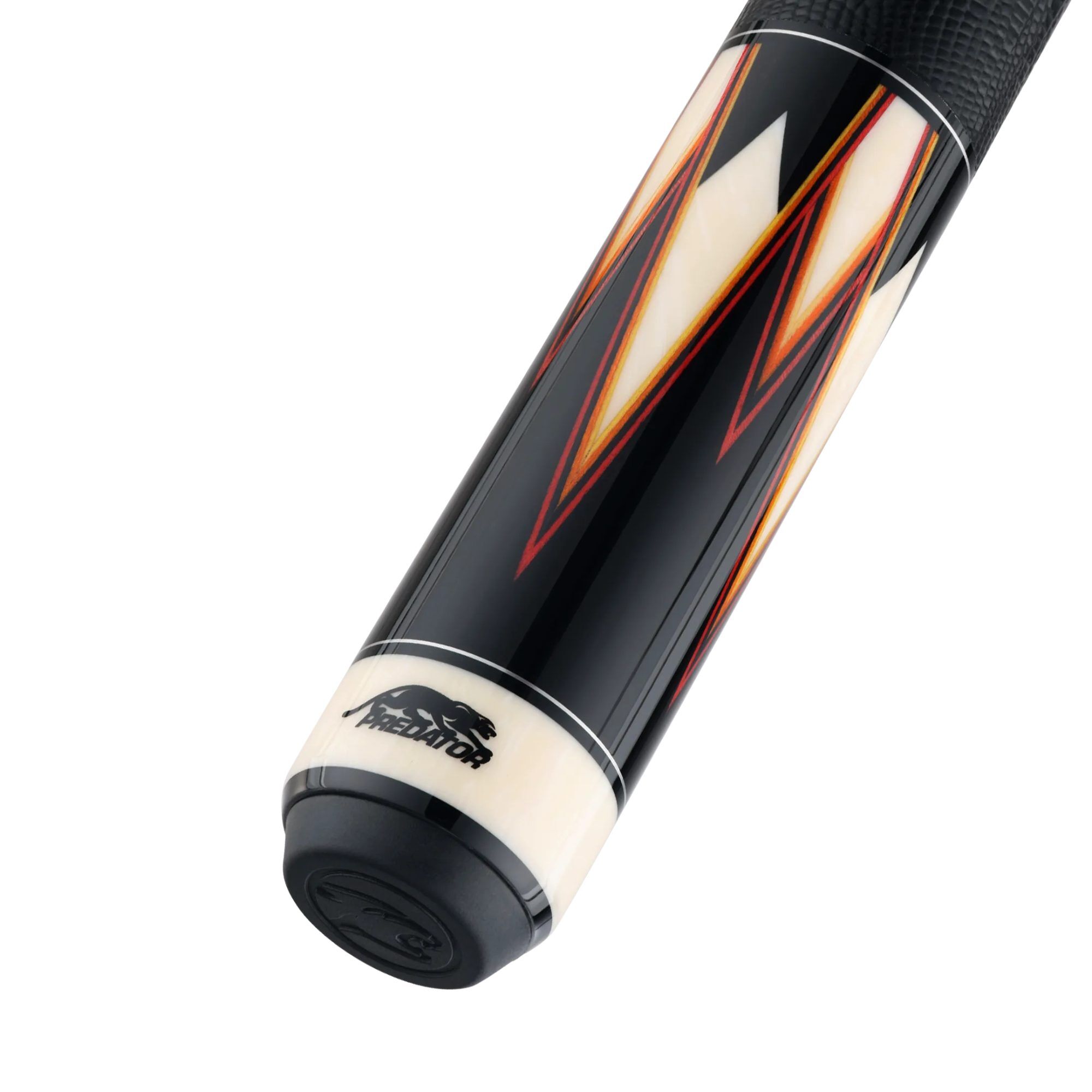 Predator True Splice 16 Ebony Red Orange pool cue, butt sleeve at an angle